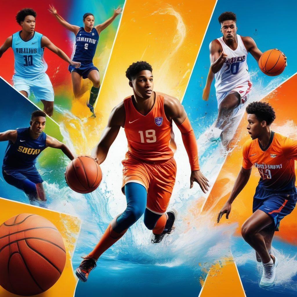 A dynamic collage of athletes in action, showcasing a variety of sports like soccer, basketball, and swimming. Include vibrant visuals of sports gear and social media icons representing trends. A backdrop of a cheering crowd adds energy and excitement. The atmosphere should feel lively and inspiring, capturing the essence of passion for sports. super-realistic. vibrant colors. action-packed.