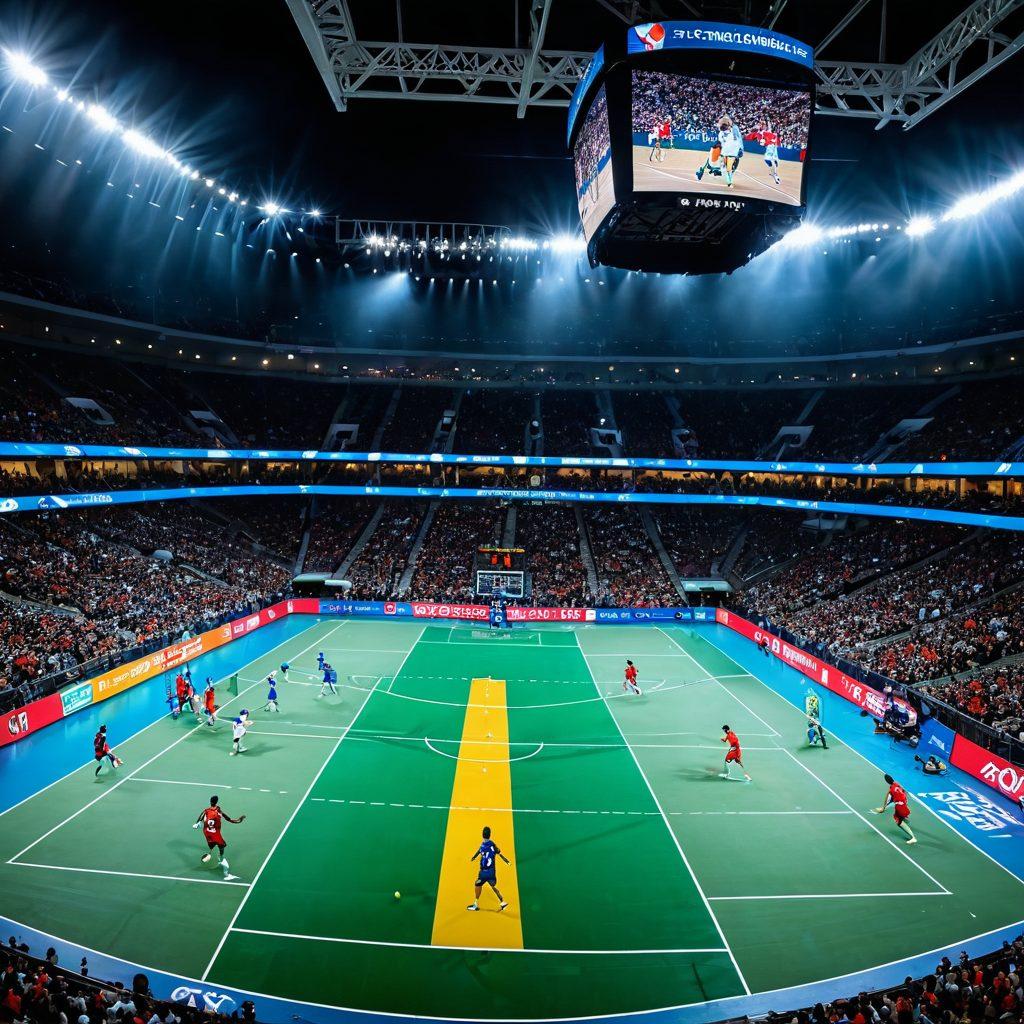 A dynamic sports scene showcasing diverse athletes in action, with a collage of various sports such as football, basketball, and tennis. Incorporate a vibrant stadium filled with enthusiastic fans, banners waving, and an illuminated scoreboard displaying live updates. Emphasize the excitement and energy of sports culture, with a focus on inclusivity and passion. bright colors. super-realistic. energetic atmosphere.